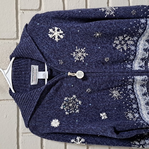 Tiara International Blue Heathered Beaded/Gem Christmas Zip-Up Sweater. Sz Large - Picture 2 of 9
